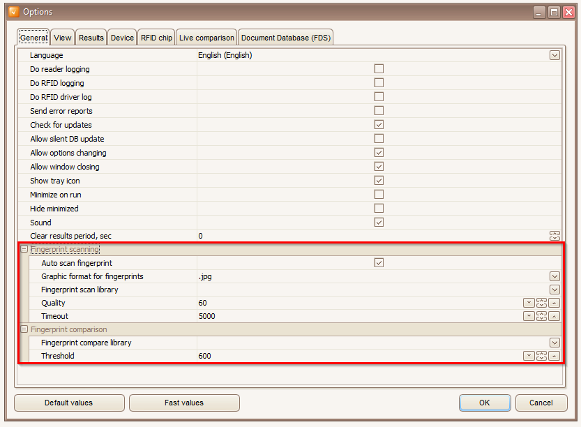 Document Reader Test Application with Options dialog window, opened on the General tab and highlighted Fingerprints sections