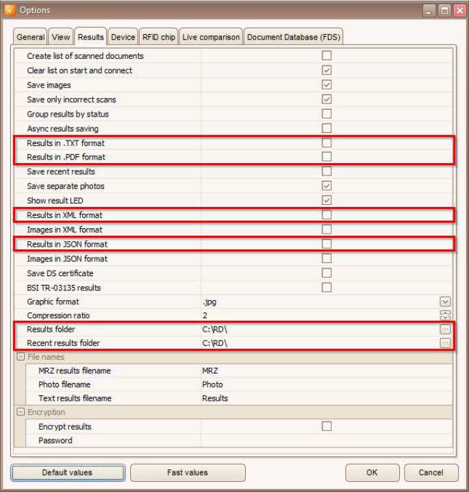 Document Reader Test Application with Options dialog window, opened on the Results tab and highlighted results saving variants