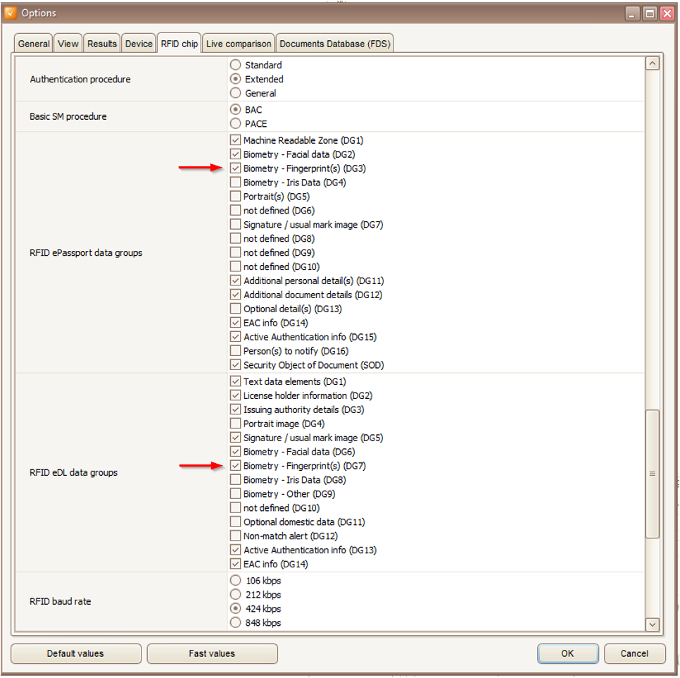 Document Reader Test Application with Options dialog window, opened on the RFID chip tab and highlighted Fingerprints data groups