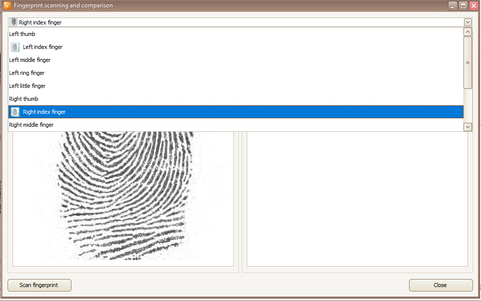 Fingerprint scanning and comparison UI form displaying the fingers, for which the fingerprints are detected in RFID chip