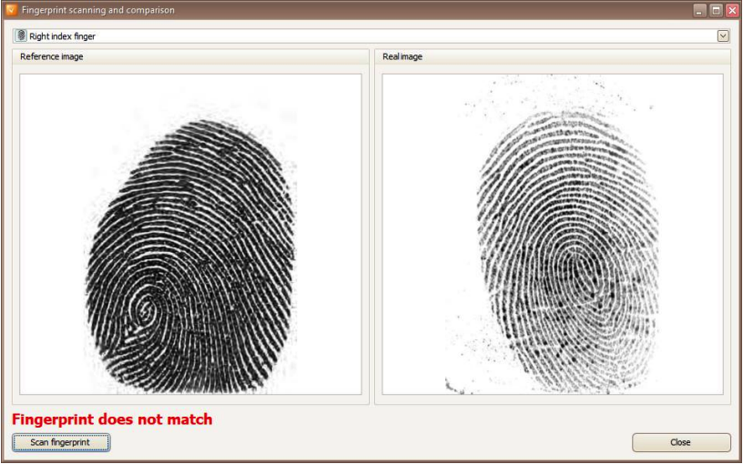 Fingerprint scanning and comparison UI form with fingerprint image, extracted from the document's RFID chip, compared with the fingerprint, scanned by fingerprint scanner device