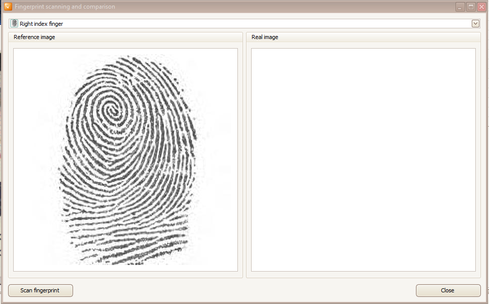 Fingerprint scanning and comparison UI form displaying fingerprint data, extracted from the document's RFID chip