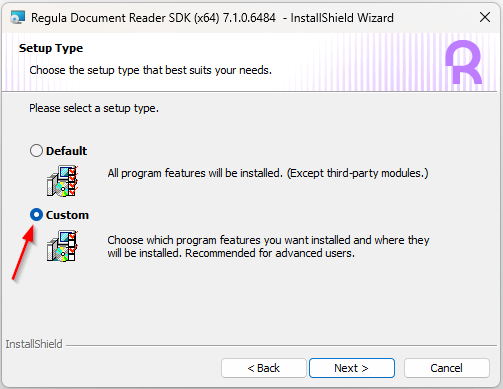 Document Reader SDK Installation Wizard window demonstrating selected custom installation option