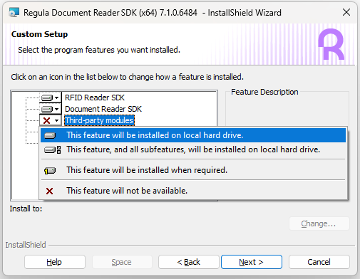 Document Reader SDK Installation Wizard window demonstrating selected third-party modules option