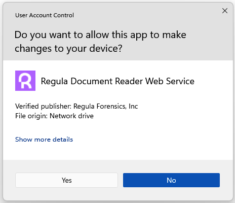 User account control window, asking permission to install Regula Document Reader Local Web Service