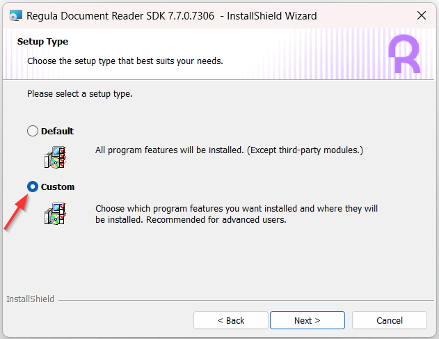 Regula Document Reader SDK installer window with selected Custom setup type