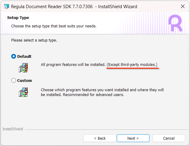 Regula Document Reader SDK installer window with selected Default setup type