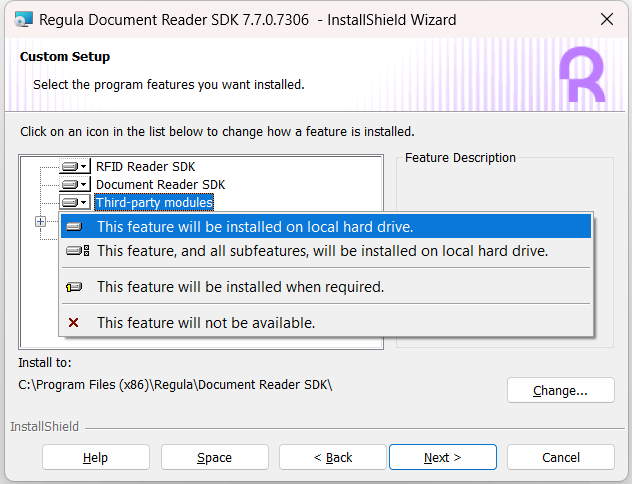 Regula Document Reader SDK installer window with selected Custom setup type and Third-party modules option
