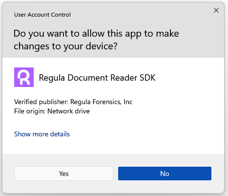 User account control window, asking permission to install Regula Document Reader SDK