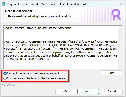 License agreement window of the Document Reader Local Web Service installer
