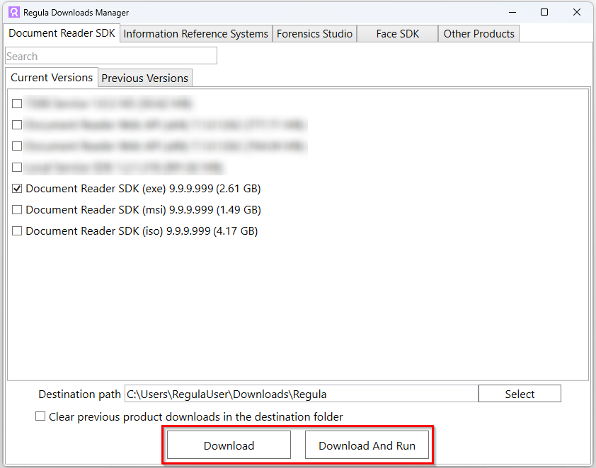 Main window of Regula Downloads Manager, opened on Document Reader SDK tab, with selected Document Reader SDK checkbox and highlighted download buttons