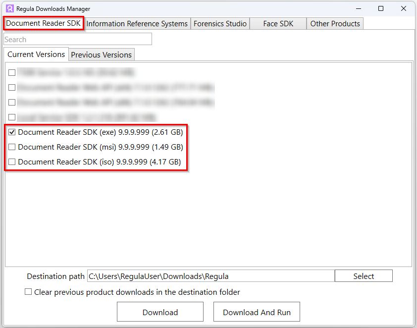 Main window of Regula Downloads Manager, opened on Document Reader SDK tab and with selected Document Reader SDK checkbox