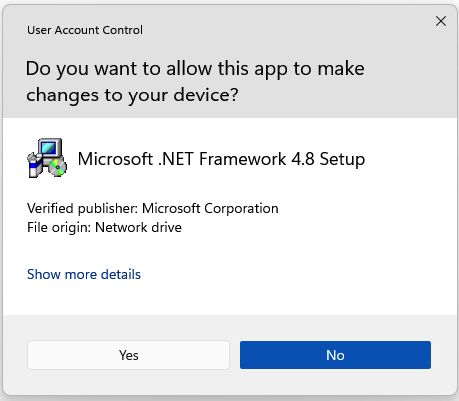 User account control window, asking permission to install Microsoft .NET framework