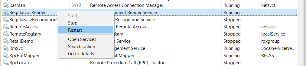 Windows Services application with the Regula Document Reader Service selected and context menu with the "Restart" option highlighted