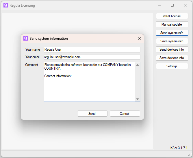 The Regula Licensing application with the "Send system information" dialog opened